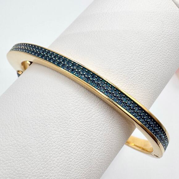 Swarovski Blue Pave Gold Tone Hinge Bangle Bracelet Swan Signed Rare Fits 7 1/4” - Picture 2 of 16